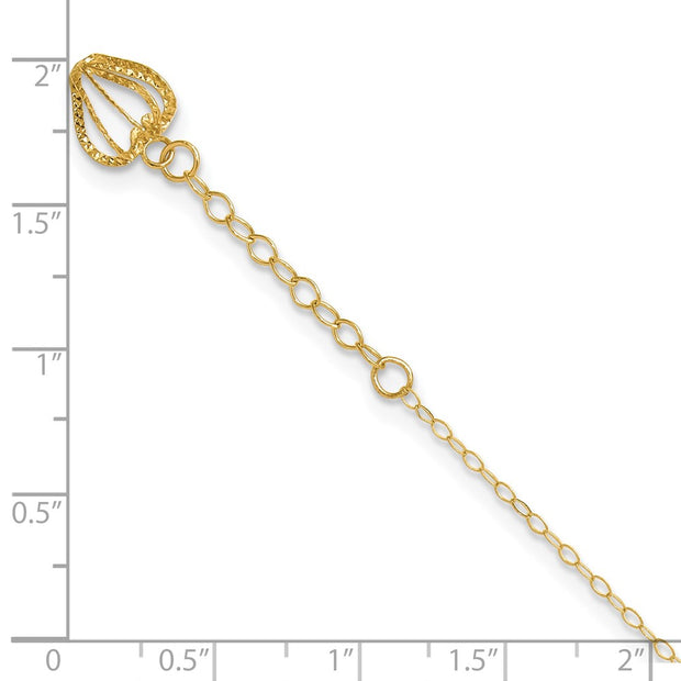 14K Oval Link Chain with Diamond-cut Heart Cage Dangle Anklet Plus Extender