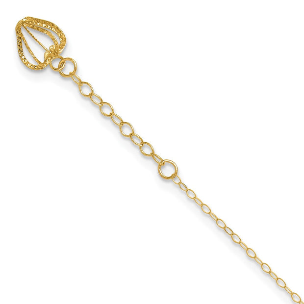 14K Oval Link Chain with Diamond-cut Heart Cage Dangle Anklet Plus Extender