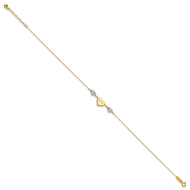 14K Two-tone Diamond-cut and LOVE Puffed Heart Anklet Plus Heart Dangle Extender
