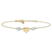 14K Two-tone Diamond-cut and LOVE Puffed Heart Anklet Plus Heart Dangle Extender
