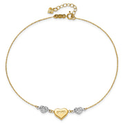 14K Two-tone Diamond-cut and LOVE Puffed Heart Anklet Plus Heart Dangle Extender