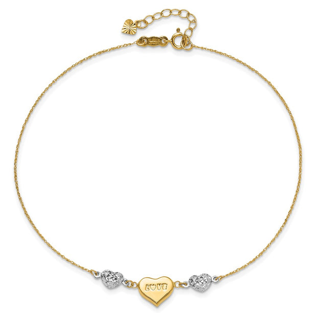 14K Two-tone Diamond-cut and LOVE Puffed Heart Anklet Plus Heart Dangle Extender