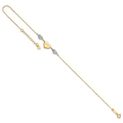 14K Two-tone Diamond-cut and LOVE Puffed Heart Anklet Plus Heart Dangle Extender