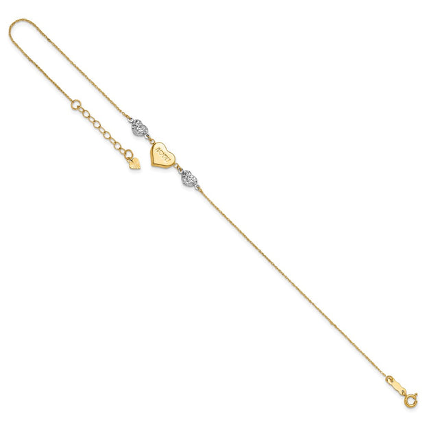 14K Two-tone Diamond-cut and LOVE Puffed Heart Anklet Plus Heart Dangle Extender