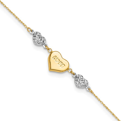 14K Two-tone Diamond-cut and LOVE Puffed Heart Anklet Plus Heart Dangle Extender
