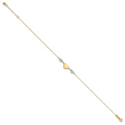14K Two-tone Diamond-cut and MOM Puffed Heart Anklet Plus Heart Dangle Extender