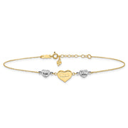 14K Two-tone Diamond-cut and MOM Puffed Heart Anklet Plus Heart Dangle Extender