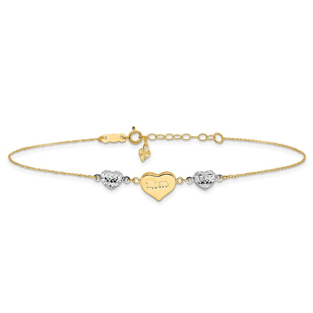 14K Two-tone Diamond-cut and MOM Puffed Heart Anklet Plus Heart Dangle Extender