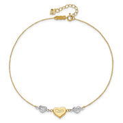 14K Two-tone Diamond-cut and MOM Puffed Heart Anklet Plus Heart Dangle Extender