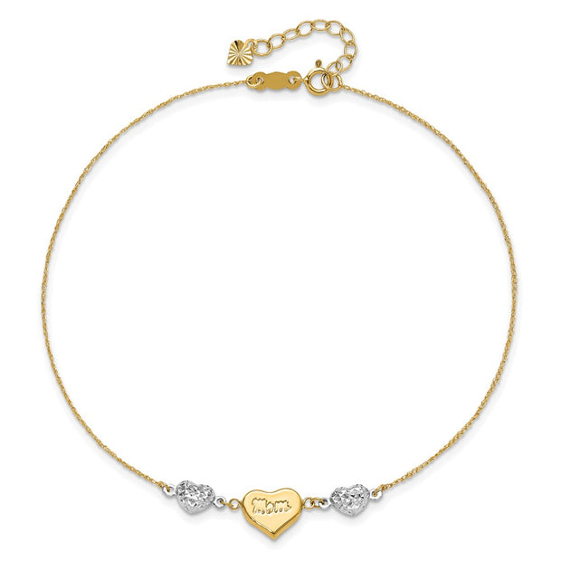 14K Two-tone Diamond-cut and MOM Puffed Heart Anklet Plus Heart Dangle Extender