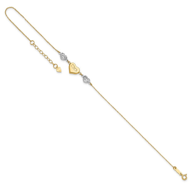 14K Two-tone Diamond-cut and MOM Puffed Heart Anklet Plus Heart Dangle Extender