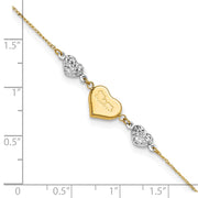 14K Two-tone Diamond-cut and MOM Puffed Heart Anklet Plus Heart Dangle Extender