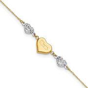 14K Two-tone Diamond-cut and MOM Puffed Heart Anklet Plus Heart Dangle Extender