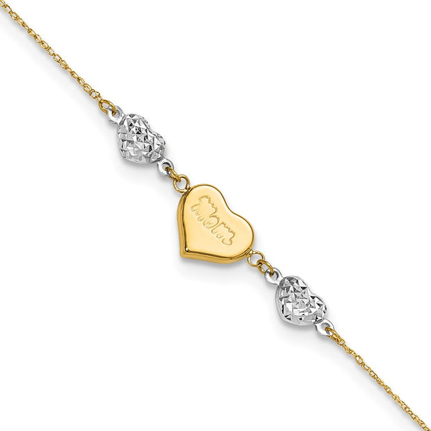 14K Two-tone Diamond-cut and MOM Puffed Heart Anklet Plus Heart Dangle Extender