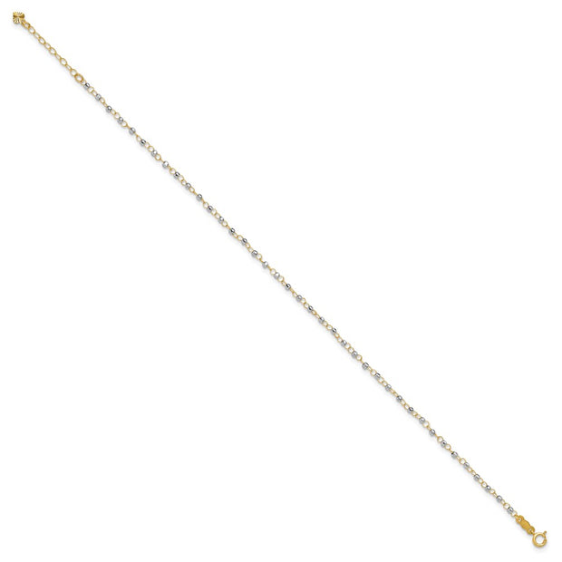 14K Two-tone Circle Chain with Mirror Beads Anklet Plus Heart Dangle Extender