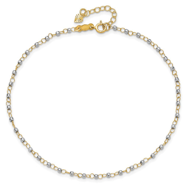 14K Two-tone Circle Chain with Mirror Beads Anklet Plus Heart Dangle Extender