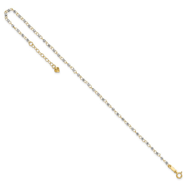 14K Two-tone Circle Chain with Mirror Beads Anklet Plus Heart Dangle Extender