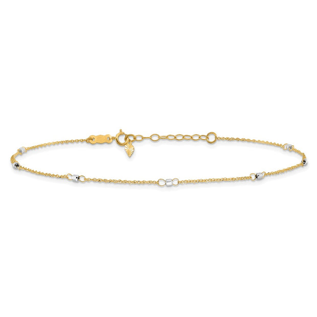 14K Two-tone Ropa Chain with Mirror Beads 7-Station Anklet Plus Heart Dangle Extender