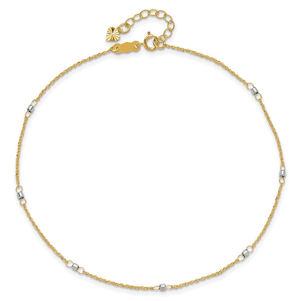 14K Two-tone Ropa Chain with Mirror Beads 7-Station Anklet Plus Heart Dangle Extender