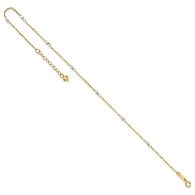 14K Two-tone Ropa Chain with Mirror Beads 7-Station Anklet Plus Heart Dangle Extender