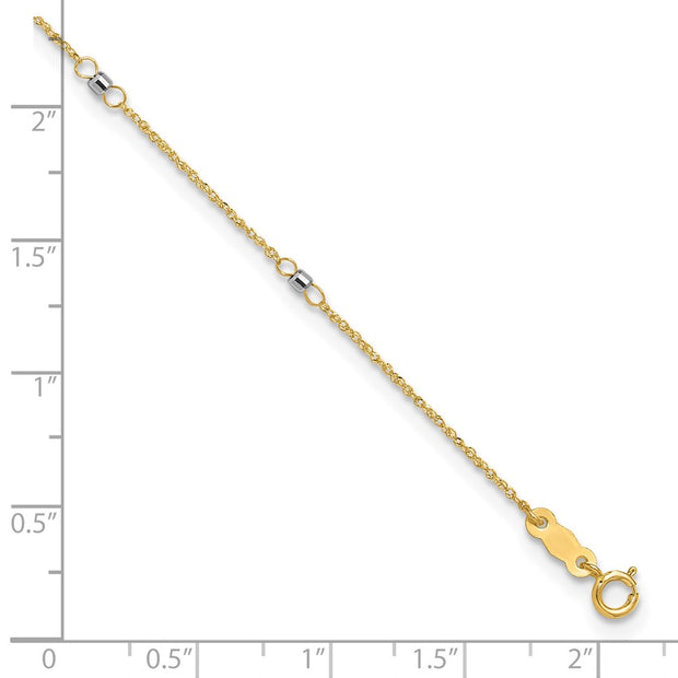14K Two-tone Ropa Chain with Mirror Beads 7-Station Anklet Plus Heart Dangle Extender