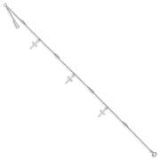 14k White Gold Polished Diamond-cut 3 Cross Dangles and Beads Anklet Plus Extender