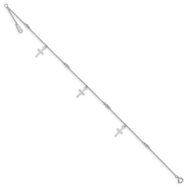 14k White Gold Polished Diamond-cut 3 Cross Dangles and Beads Anklet Plus Extender