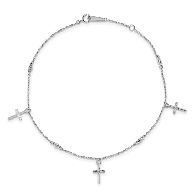 14k White Gold Polished Diamond-cut 3 Cross Dangles and Beads Anklet Plus Extender
