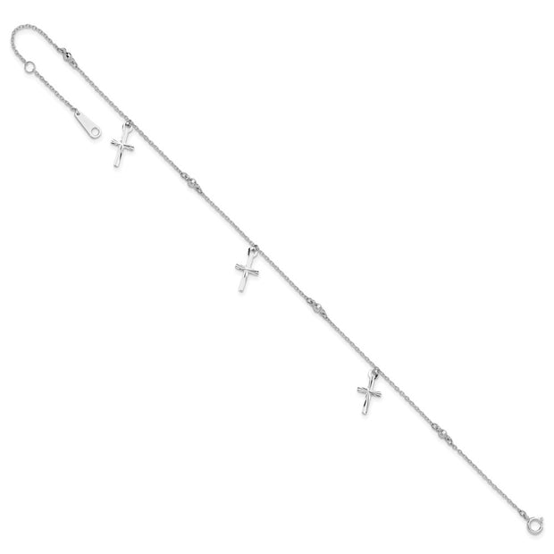 14k White Gold Polished Diamond-cut 3 Cross Dangles and Beads Anklet Plus Extender