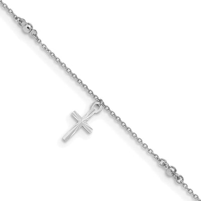 14k White Gold Polished Diamond-cut 3 Cross Dangles and Beads Anklet Plus Extender