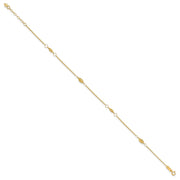 14K Cable Chain and Diamond-cut Rice Puff Beads 4-Station Anklet Plus Heart Dangle Extender