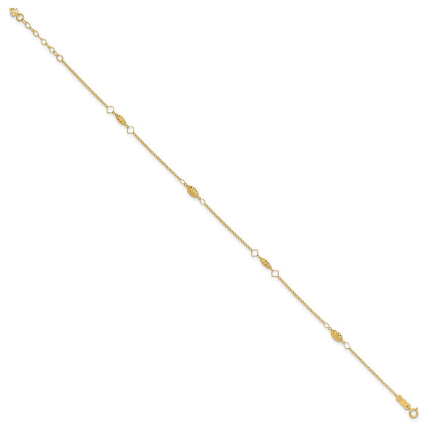 14K Cable Chain and Diamond-cut Rice Puff Beads 4-Station Anklet Plus Heart Dangle Extender