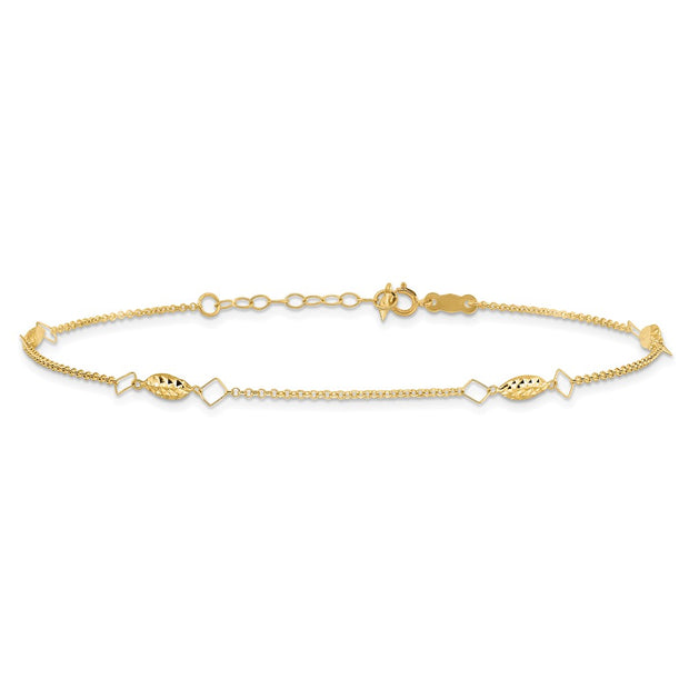 14K Cable Chain and Diamond-cut Rice Puff Beads 4-Station Anklet Plus Heart Dangle Extender
