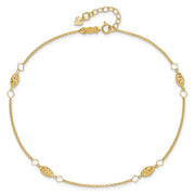 14K Cable Chain and Diamond-cut Rice Puff Beads 4-Station Anklet Plus Heart Dangle Extender