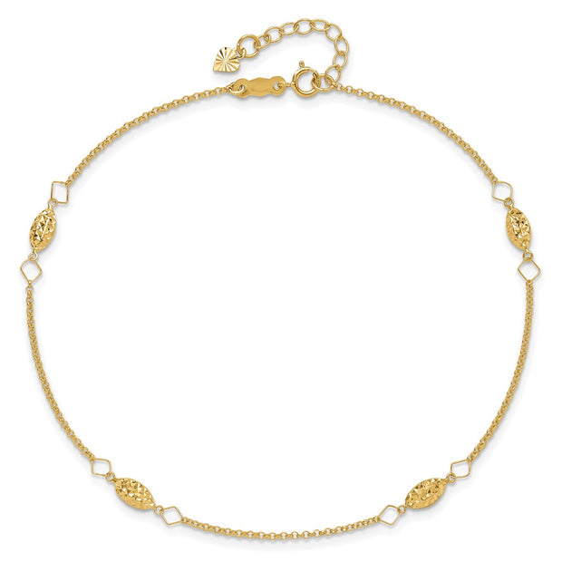 14K Cable Chain and Diamond-cut Rice Puff Beads 4-Station Anklet Plus Heart Dangle Extender