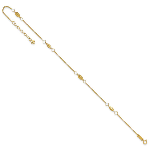 14K Cable Chain and Diamond-cut Rice Puff Beads 4-Station Anklet Plus Heart Dangle Extender