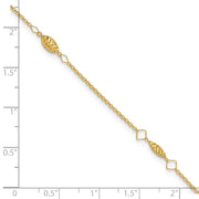 14K Cable Chain and Diamond-cut Rice Puff Beads 4-Station Anklet Plus Heart Dangle Extender