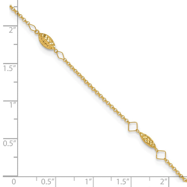 14K Cable Chain and Diamond-cut Rice Puff Beads 4-Station Anklet Plus Heart Dangle Extender