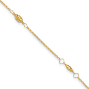 14K Cable Chain and Diamond-cut Rice Puff Beads 4-Station Anklet Plus Heart Dangle Extender