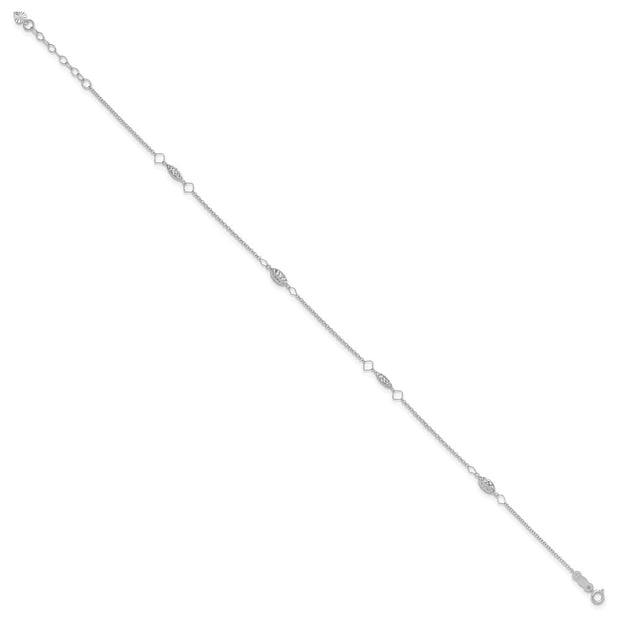 14K White Gold Cable Chain and Diamond-cut Rice Puff Beads 4-Station Anklet Plus Heart Dangle Extender