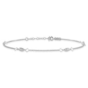 14K White Gold Cable Chain and Diamond-cut Rice Puff Beads 4-Station Anklet Plus Heart Dangle Extender