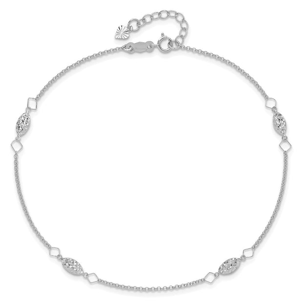 14K White Gold Cable Chain and Diamond-cut Rice Puff Beads 4-Station Anklet Plus Heart Dangle Extender