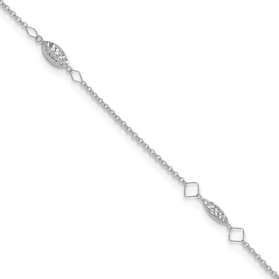 14K White Gold Cable Chain and Diamond-cut Rice Puff Beads 4-Station Anklet Plus Heart Dangle Extender