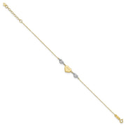 14K Two-tone Puffed LOVE Heart and Diamond-cut Beads Bracelet Plus Heart Dangle Extender