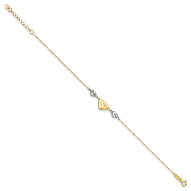 14K Two-tone Puffed LOVE Heart and Diamond-cut Beads Bracelet Plus Heart Dangle Extender