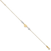 14K Two-tone Puffed LOVE Heart and Diamond-cut Beads Bracelet Plus Heart Dangle Extender