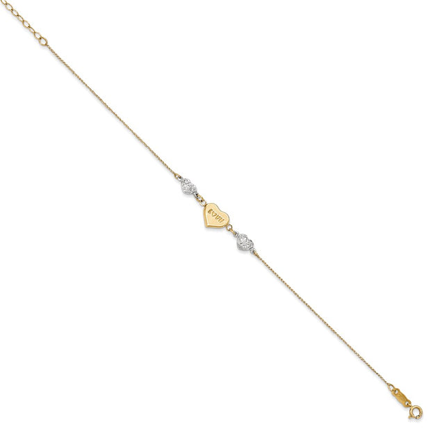 14K Two-tone Puffed LOVE Heart and Diamond-cut Beads Bracelet Plus Heart Dangle Extender