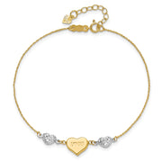 14K Two-tone Puffed LOVE Heart and Diamond-cut Beads Bracelet Plus Heart Dangle Extender