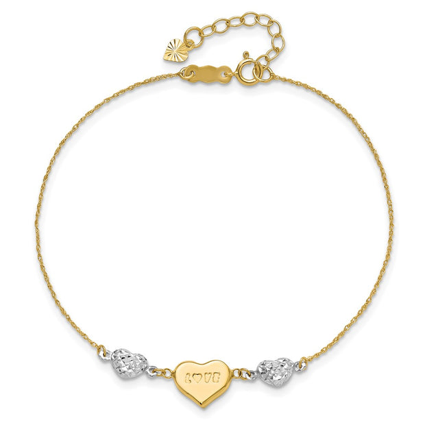 14K Two-tone Puffed LOVE Heart and Diamond-cut Beads Bracelet Plus Heart Dangle Extender