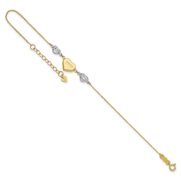 14K Two-tone Puffed LOVE Heart and Diamond-cut Beads Bracelet Plus Heart Dangle Extender